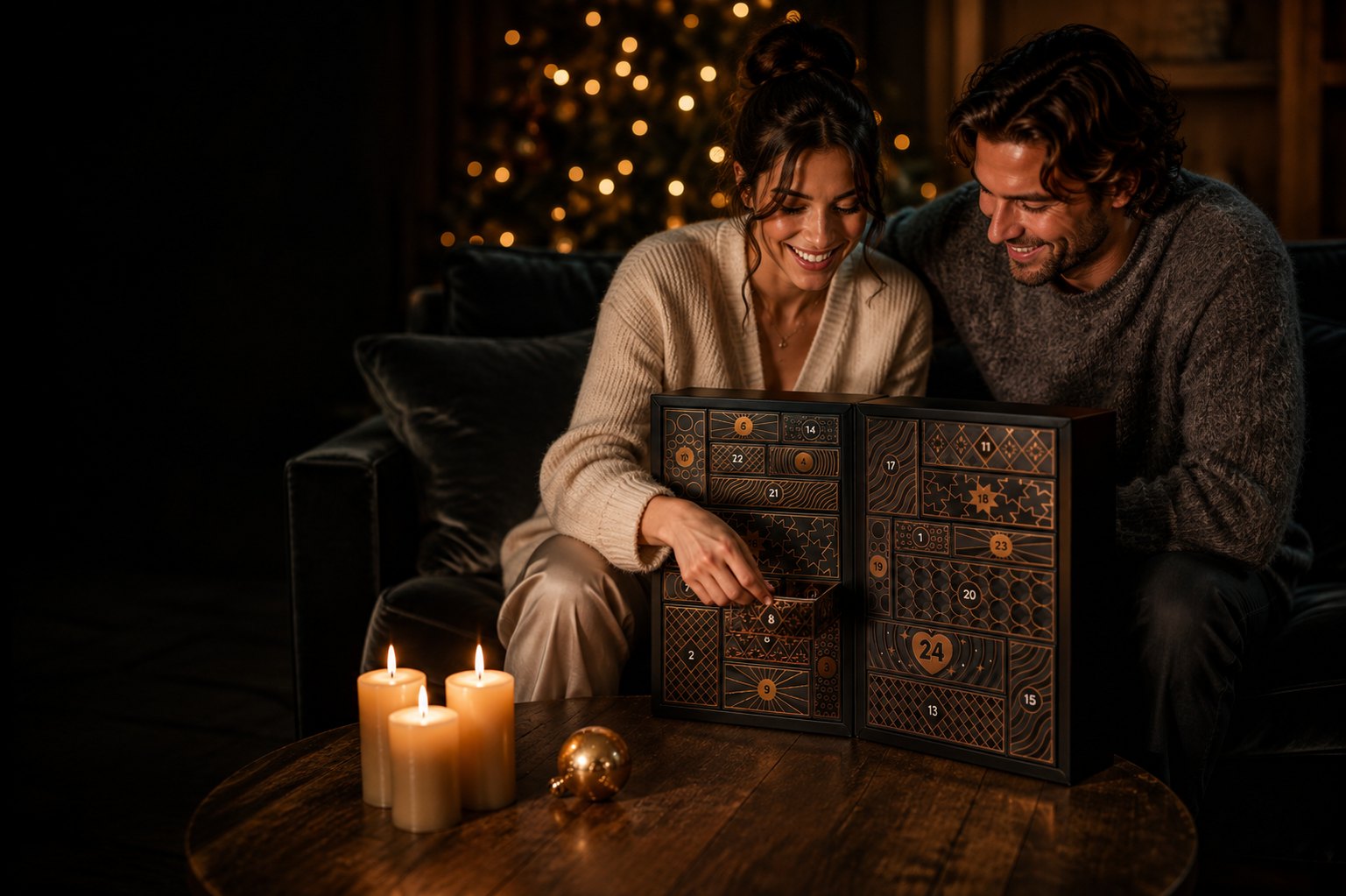 Paar öffnet bei Kerzenlicht ein Türchen des Sedusia Erotik Adventskalenders